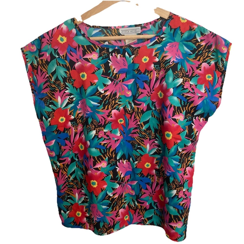 Vtg Jessica Michelle Floral Hawaiian Sleeveless Top Womens Large Made in USA